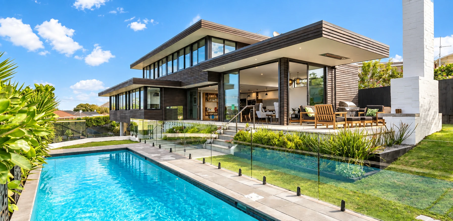 Maison contemporaine lumineuse avec piscine sous un ciel bleu en journée